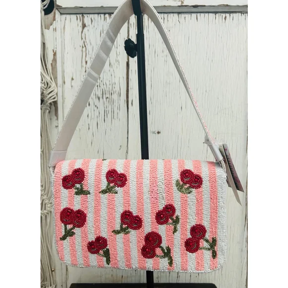 Handcrafted in India Viral Beaded Cherries Cherry Pink Striped Shoulder Bag - Picture 7 of 11